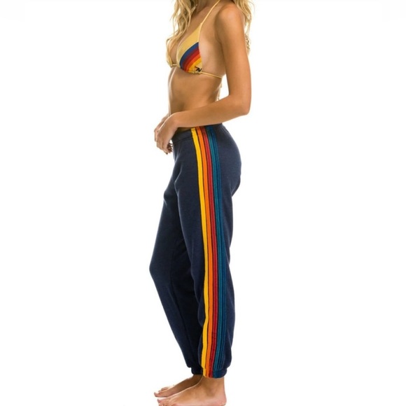 Aviator Nation Navy 5 Stripe Rainbow Sweat Pants Size Small - Picture 1 of 7